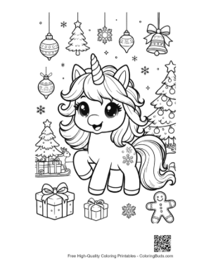 Thumbnail: Sweet Christmas Unicorn Sitting with Festive Presents and Candy Canes Printable