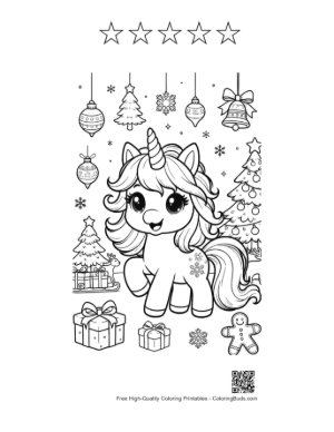 Thumbnail: Sweet Christmas Unicorn Sitting with Festive Presents and Candy Canes Printable and 5 Star Outline