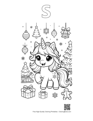 Thumbnail: Sweet Christmas Unicorn Sitting with Festive Presents and Candy Canes Printable Outline Alphabet S