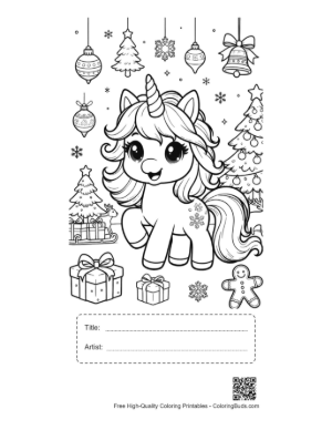 Thumbnail: Sweet Christmas Unicorn Sitting with Festive Presents and Candy Canes Printable with Title and Artist Box