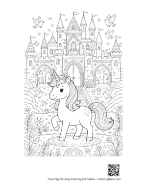 Thumbnail: Sweet Little Unicorn Walking Through a Magical Palace Garden Printable