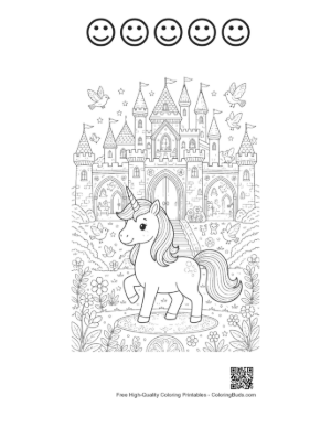Thumbnail: Sweet Little Unicorn Walking Through a Magical Palace Garden Printable and 5 Happy Face Outline