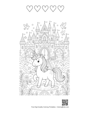 Thumbnail: Sweet Little Unicorn Walking Through a Magical Palace Garden Printable and 5 Heart Outline