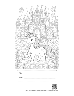 Thumbnail: Sweet Little Unicorn Walking Through a Magical Palace Garden Printable with Title and Artist Box