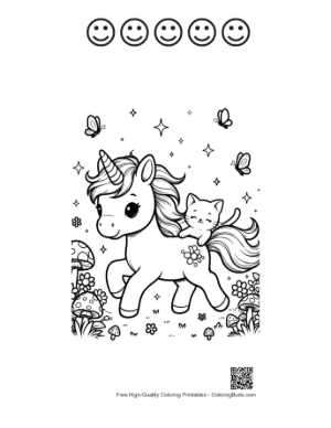 Thumbnail: Sweet Unicorn Carrying a Baby Kitty Through a Garden Printable and 5 Happy Face Outline