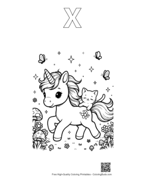 Thumbnail: Sweet Unicorn Carrying a Baby Kitty Through a Garden Printable Outline Alphabet X
