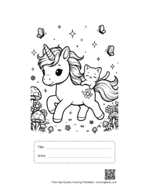 Thumbnail: Sweet Unicorn Carrying a Baby Kitty Through a Garden Printable with Title and Artist Box