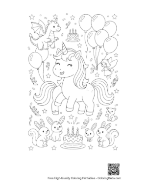 Thumbnail: Sweet Unicorn Sitting Among Birthday Balloons and Presents Printable