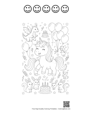 Thumbnail: Sweet Unicorn Sitting Among Birthday Balloons and Presents Printable and 5 Happy Face Outline