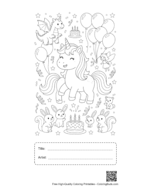Thumbnail: Sweet Unicorn Sitting Among Birthday Balloons and Presents Printable with Title and Artist Box