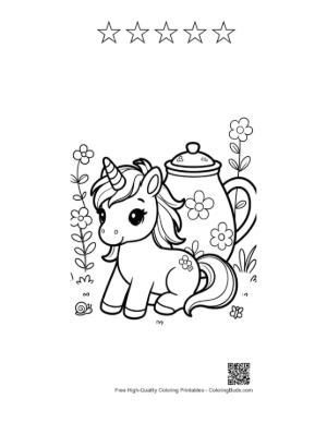 Thumbnail: Tiny Unicorn and a Large Floral Teapot in a Whimsical World Printable and 5 Star Outline