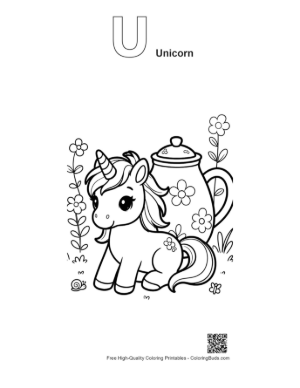 Thumbnail: Tiny Unicorn and a Large Floral Teapot in a Whimsical World Printable Outline Alphabet U Unicorn