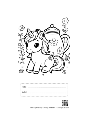 Thumbnail: Tiny Unicorn and a Large Floral Teapot in a Whimsical World Printable with Title and Artist Box