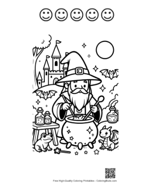 Thumbnail: Ancient Wizard Brewing a Potion Near a Royal Castle Garden Printable and 5 Happy Face Outline