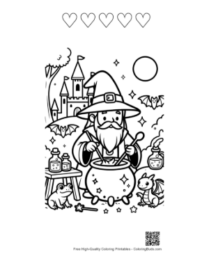 Thumbnail: Ancient Wizard Brewing a Potion Near a Royal Castle Garden Printable and 5 Heart Outline