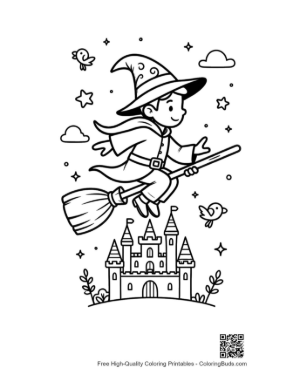 Thumbnail: Boy Wizard Flying His Broom Past a Royal Fairytale Palace Printable