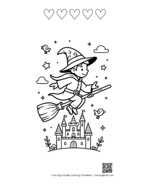 Thumbnail: Boy Wizard Flying His Broom Past a Royal Fairytale Palace Printable and 5 Heart Outline