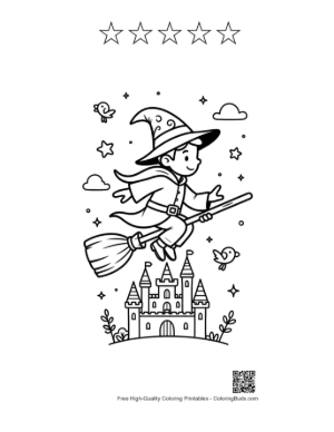 Thumbnail: Boy Wizard Flying His Broom Past a Royal Fairytale Palace Printable and 5 Star Outline