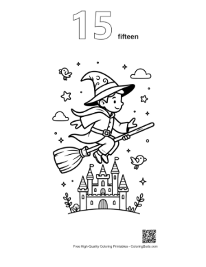 Thumbnail: Boy Wizard Flying His Broom Past a Royal Fairytale Palace Printable Outline Number 15