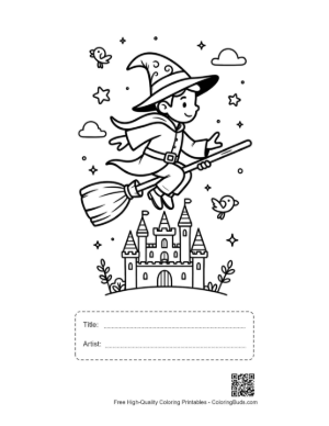 Thumbnail: Boy Wizard Flying His Broom Past a Royal Fairytale Palace Printable with Title and Artist Box