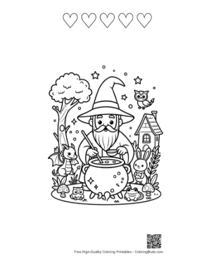 Thumbnail: Cheerful Magic Wizard Stirring His Potion with Forest Friends Printable and 5 Heart Outline
