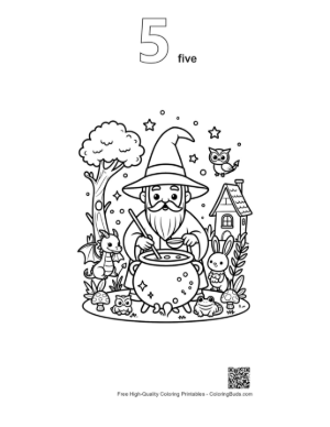 Thumbnail: Cheerful Magic Wizard Stirring His Potion with Forest Friends Printable Outline Number 5
