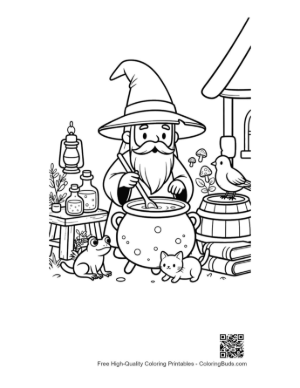 Thumbnail: Cute Old Wizard Stirring a Magical Potion in a Large Cauldron Printable