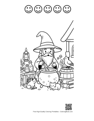 Thumbnail: Cute Old Wizard Stirring a Magical Potion in a Large Cauldron Printable and 5 Happy Face Outline