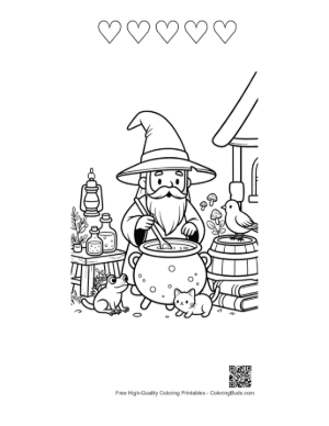 Thumbnail: Cute Old Wizard Stirring a Magical Potion in a Large Cauldron Printable and 5 Heart Outline