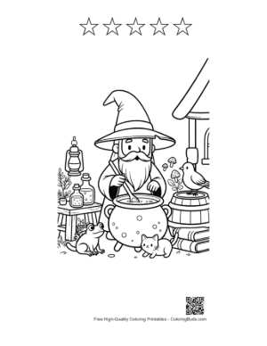 Thumbnail: Cute Old Wizard Stirring a Magical Potion in a Large Cauldron Printable and 5 Star Outline