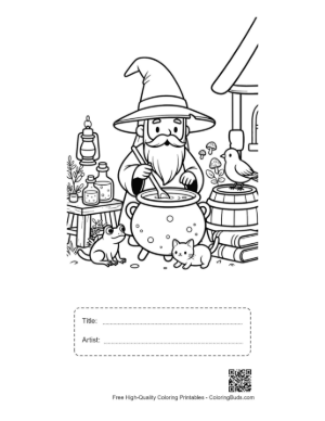 Thumbnail: Cute Old Wizard Stirring a Magical Potion in a Large Cauldron Printable with Title and Artist Box