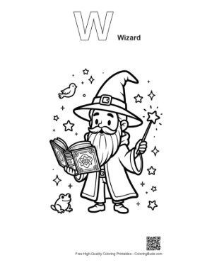 Thumbnail: Cute Wizard Boy Reading a Giant Book of Magic Spells Printable Outline Alphabet with Wizard