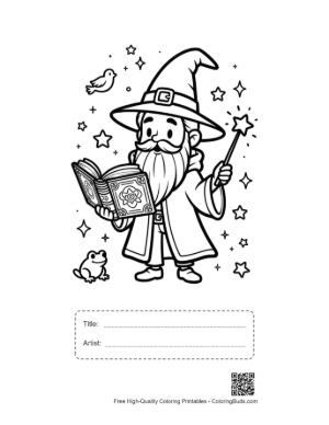 Thumbnail: Cute Wizard Boy Reading a Giant Book of Magic Spells Printable with Title and Artist Box