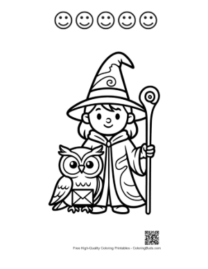 Thumbnail: Cute Wizard Girl Holding a Staff with Her Pet Owl Printable and 5 Happy Face Outline