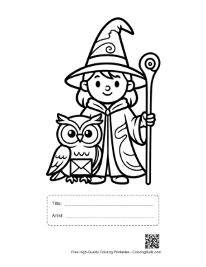 Thumbnail: Cute Wizard Girl Holding a Staff with Her Pet Owl Printable with Title and Artist Box