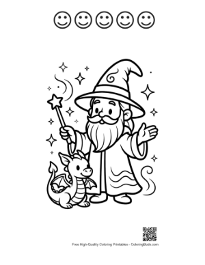 Thumbnail: Magic Wizard Coloring Printable with 5 Happy Face Outline