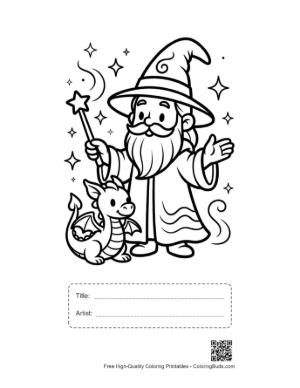 Thumbnail: Magic Wizard Coloring Printable with Title and Artist Box