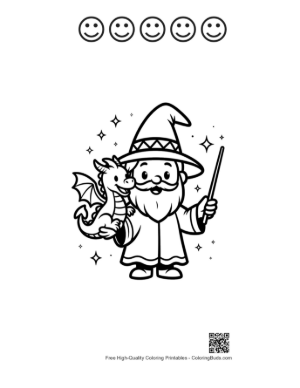 Thumbnail: Friendly Wizard Character Waving His Magic Wand with an Owl Printable and 5 Happy Face Outline
