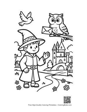 Thumbnail: Little Wizard Boy Waving to His Owl Friend Near the Tower Printable