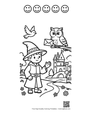 Thumbnail: Little Wizard Boy Waving to His Owl Friend Near the Tower Printable and 5 Happy Face Outline