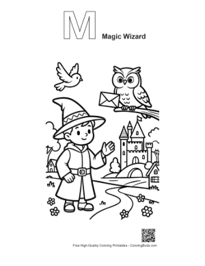 Thumbnail: Little Wizard Boy Waving to His Owl Friend Near the Tower Printable Outline Alphabet M Magic Wizard