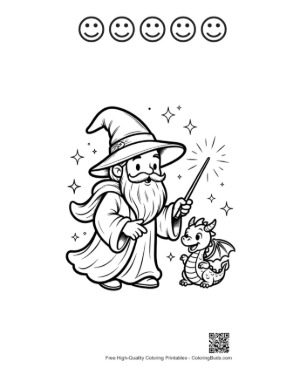 Thumbnail: Magic Sorcerer Talking to His Little Dragon Companion Printable and 5 Happy Face Outline