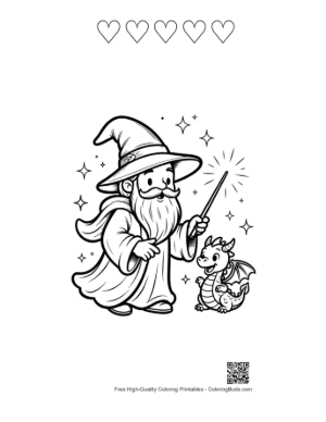 Thumbnail: Magic Sorcerer Talking to His Little Dragon Companion Printable and 5 Heart Outline