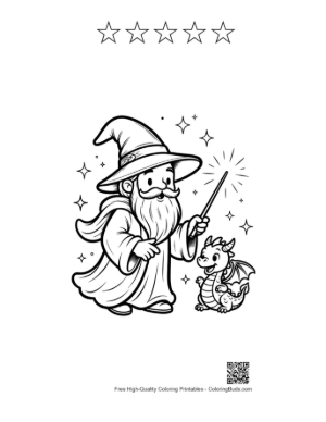 Thumbnail: Magic Sorcerer Talking to His Little Dragon Companion Printable and 5 Star Outline