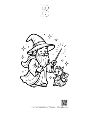 Thumbnail: Magic Sorcerer Talking to His Little Dragon Companion Printable Outline Alphabet B