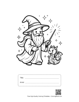 Thumbnail: Magic Sorcerer Talking to His Little Dragon Companion Printable with Title and Artist Box