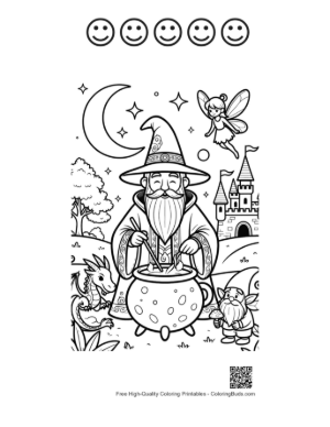 Thumbnail: Magical Sorcerer Mixing a Secret Potion in His Garden Printable and 5 Happy Face Outline