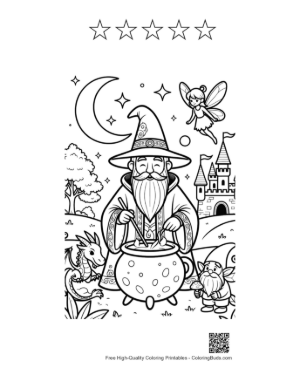 Thumbnail: Magical Sorcerer Mixing a Secret Potion in His Garden Printable and 5 Star Outline