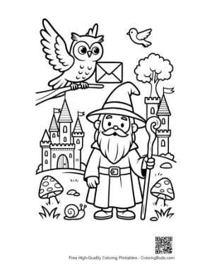 Thumbnail: Master Wizard and His Owl Friend Outside a Royal Fortress Printable