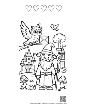 Thumbnail: Master Wizard and His Owl Friend Outside a Royal Fortress Printable and 5 Heart Outline